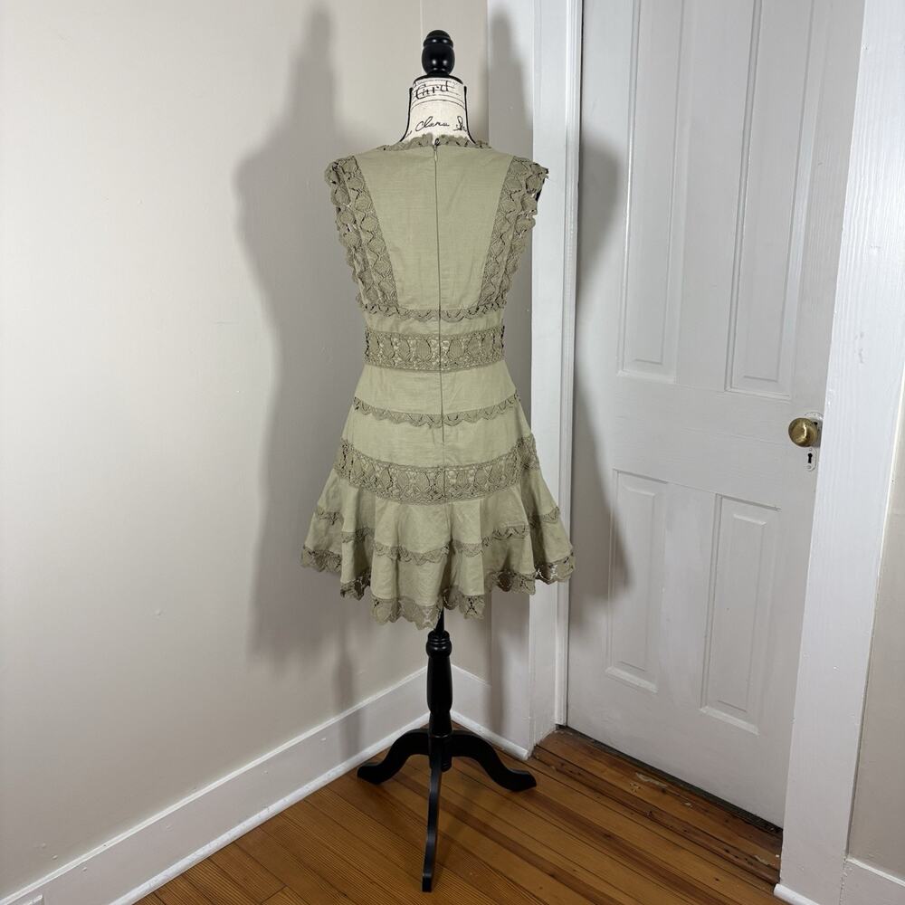 Endless Rose Plunging V-Neck Lace Trim Tiered Mini Dress Sage Green S Boho Fairy - Picture 12 of 13